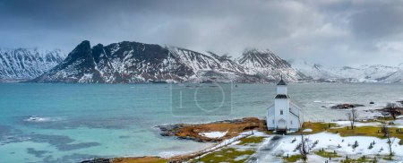 Photo for Panorama aerial view of winter lofoten islands - Gimsoy church - Royalty Free Image