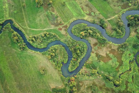 Río natural en el bosque - vista aérea