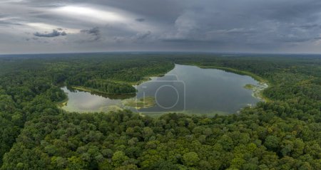 Vista aérea del lago en el bosque. Distrito del lago Masuria en Polonia