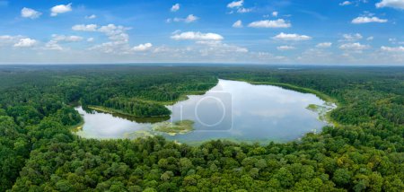 Aerial view of lake in the forest - Masuria lake district in Poland