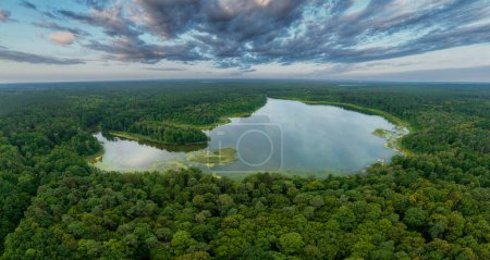 Aerial view of lake in forest. Masuria lake district in Poland