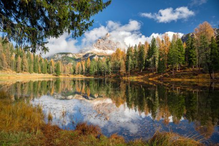 Beautiful autumn landscape in the mountains - lago antorno in italian dolomites 