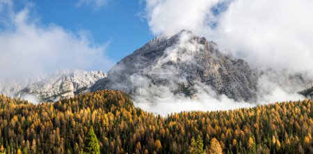 Chaîne de montagnes couverte de brouillard en automne