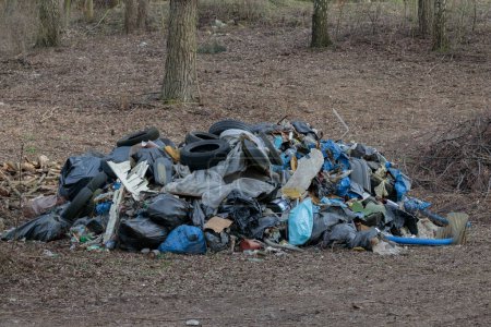 Gran pila de basura recogida en el bosque, ensuciando el medio ambiente natural, concepto