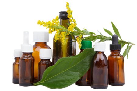 Foto de Grupo de vasos, frascos farmacéuticos con hierbas medicinales, concepto de medicina alternativa. - Imagen libre de derechos