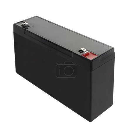 Sealed Lead-Acid Battery Isolated. Black sealed lead-acid rechargeable battery with red and black terminals isolated on a white background