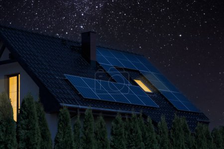 Eco-Friendly House Under Starry Sky. Noche..