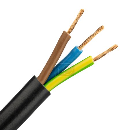Three colored electrical wires with copper strands exposed