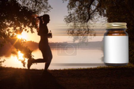 Athletic Woman Running by Lake at Sunset and Supplement Bottle Mockup.