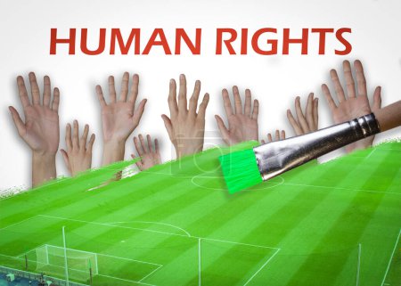 Photo for Brush painting and showing a football pitch over some hands with the human rights concept. Sportswashing malpractice concept. - Royalty Free Image