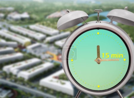 15-minute city concept with a ringing twin bell vintage classic alarm clock. Selective Focus. A 15-minute city is a residential urban concept in which most daily necessities can be accomplished by