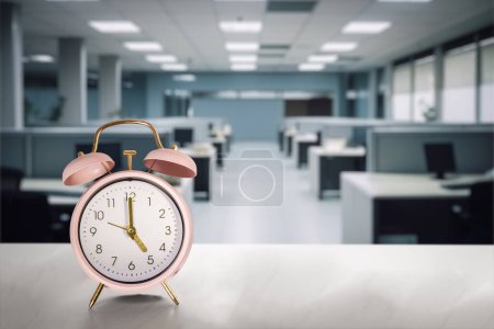 Photo for Empty office and Clock marking 5 pm. Concepts such as quiet quitting, coffee break or taking a break at work. Selective focus - Royalty Free Image