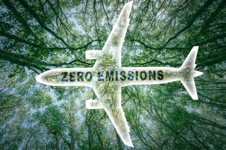Icon of a commercial airplane with the words zero emissions and a lush forest in the background. Suitable for concepts as Zero emissions, SAF or Sustainable Aviation Fuel, Circular economy and