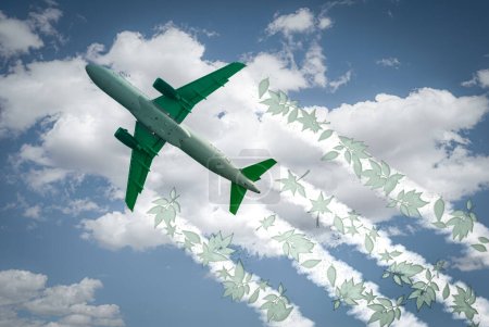 Los aviones se elevan a través del cielo dejando rastros de chorro con hojas verdes. Adecuado para conceptos como cero emisiones, SAF o combustible de aviación sostenible, biocombustible, economía circular y emisiones netas de CO2.