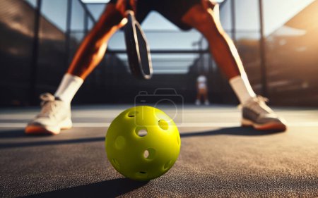 Photo for Close up of a pickleball ball on court. Selective focus. Pickleball is America fastest growing sport - Royalty Free Image