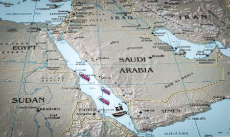 Die Region Rotes Meer mit Fracht- und Piratenschiffen. Geeignet für Konzepte wie Konflikt am Roten Meer, Zunahme der Spannungen zwischen den USA und dem Iran, Huthi-Angriffe und militärische Eskalation