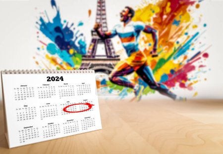 Kalender für das Jahr 2024 auf einer Holzoberfläche, mit einem verschwommenen farbigen Kunstwerk eines Athleten, der mit dem Eiffelturm im Hintergrund läuft, Konzept der Olympischen Spiele Paris 2024. Selektiver Fokus