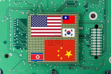Placa base con microchip y banderas nacionales de China y Corea del Norte versus, EE.UU., Corea del Sur y Taiwán. Simbolizando la guerra la guerra tecnológica de Estados Unidos y China, diseñada para paralizar el futuro de China