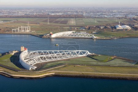 Aerial view Maeslantkering, big storm surge barrier in the Netherlands