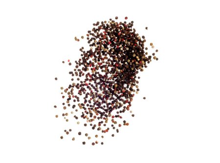 Téléchargez les photos : Black Pepper seeds fall down pour in group, Black Pepper float explode, abstract cloud fly. Black Peppercorn splash throwing in Air. White background Isolated high speed shutter, freeze motion - en image libre de droit