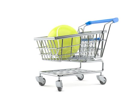 Foto de Pelota de tenis dentro del carrito de compras aislado sobre fondo blanco. ilustración 3d - Imagen libre de derechos