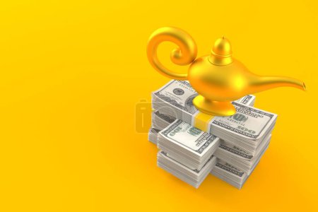 Foto de Lámpara mágica sobre pila de dinero aislada sobre fondo naranja. ilustración 3d - Imagen libre de derechos
