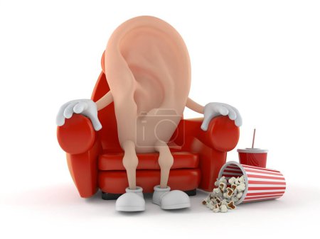 Photo for Ear character sitting in the cinema isolated on white background. 3d illustration - Royalty Free Image