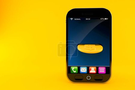 Téléchargez les photos : Téléphone intelligent avec pièce isolée sur fond orange. Illustration 3d - en image libre de droit