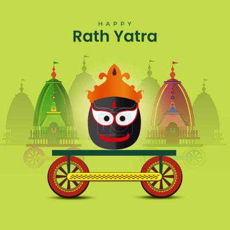 Ilustración de Illust para el festival indio Con viaje feliz del carro, templo en carro con la rueda y el fondo brillante con el cielo, rath yatra - Imagen libre de derechos