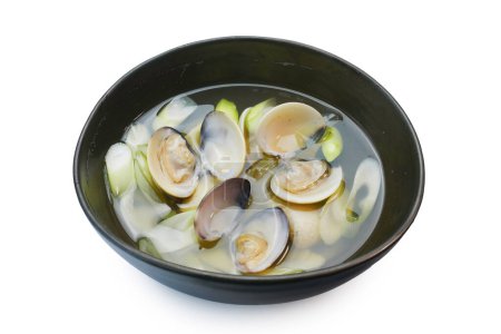 Photo for Japanese clear clam soup with green onion isolated  on white - Royalty Free Image