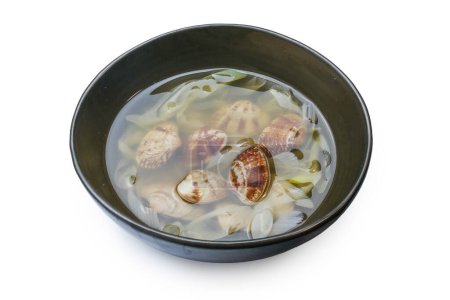 Photo for Japanese clear clam soup with green onion isolated on white background - Royalty Free Image