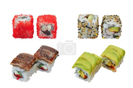 Téléchargez les photos : Différents types de sushis japonais Uramaki ou California roll sur fond blanc - en image libre de droit