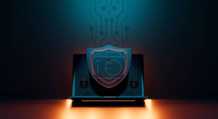 Protection Network Security Computer und sichern Sie Ihr Datenkonzept. Shield Symbol Cyber-Sicherheit, Schutz digitaler Datennetze, Digitalkriminalität durch einen anonymen Hacker. 3D-Illustration