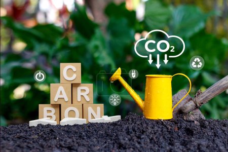 carbon neutral and net zero emissions concepts. natural environment A climate-neutral long-term strategy greenhouse gas emissions targets. wooden blocks and green net center icon on blur nature background