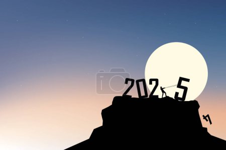Silhouette of Businessman pulling the number "5" to complete "2025" on a mountaintop under a full moon, symbolizing goal setting and future planning.