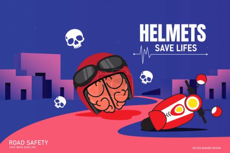 vector illustration promoting road safety. highlights the importance of wearing helmets while riding motorcycles. Featuring a helmet with a brain inside, fallen motor bike, and skull icons, this design emphasizes the message,Helmets Save Lifes