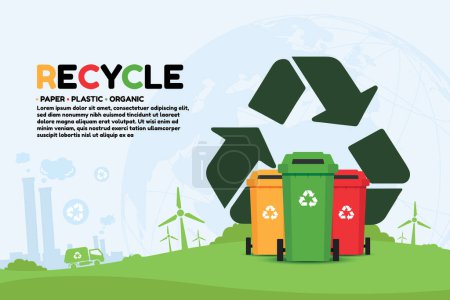 Infografía de reciclaje vibrante con contenedores para papel, plástico y residuos orgánicos, promoviendo la sostenibilidad ambiental. Ideal para materiales educativos y de sensibilización. Diseño de vectores 