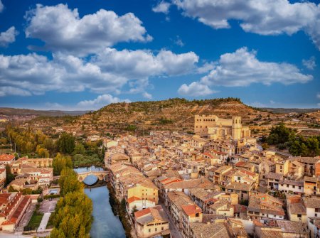 Photo for Aerial view of the town of Valderrobres with its bridge and its castle in Teruel, Spain. - Royalty Free Image