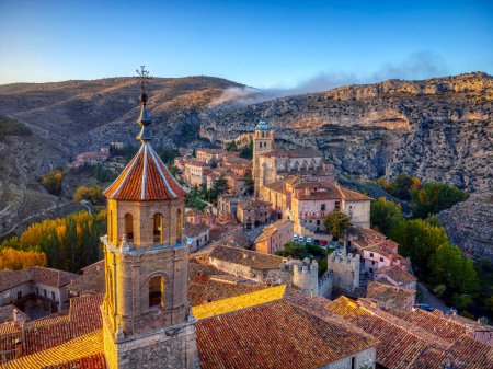 Photo for Views of Albarracin at sunset with the church of Santa Maria y Santiago in the foreground. Teruel, Spain. - Royalty Free Image