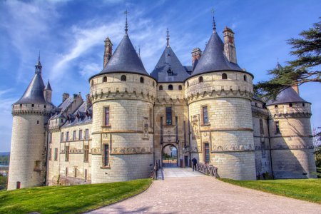 Chaumont Castle in Loire Valley, France. Panoramic wide view to the entrance and the garden with trees