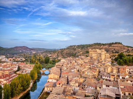 Photo for Aerial view of the town of Valderrobres with its bridge and its castle in Teruel, Spain. - Royalty Free Image