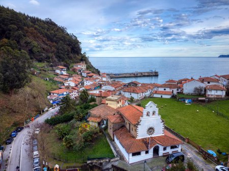 Aerial view of the fishing village of Tazones in Asturias, Spain. Europe.