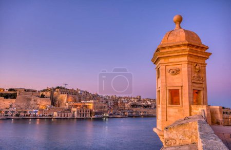 The guard tower Il Gardjola: The Gardjola Gardens in Senglea city. Views over Valletta, Grand Harbour. Malta