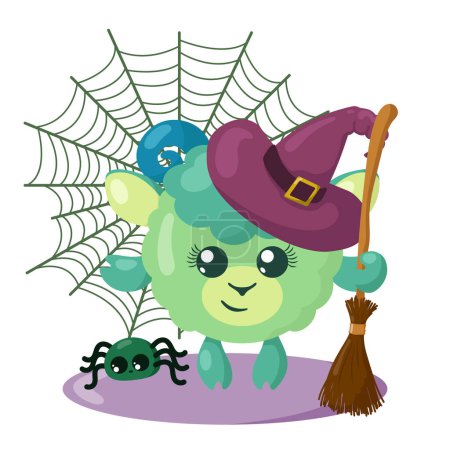 Téléchargez les illustrations : Agneau mignon drôle de kawaii Halloween avec chapeau de sorcière, toile d'araignée, balai et araignée dans un design plat avec des ombres. Illustration isolée du vecteur animal - en licence libre de droit