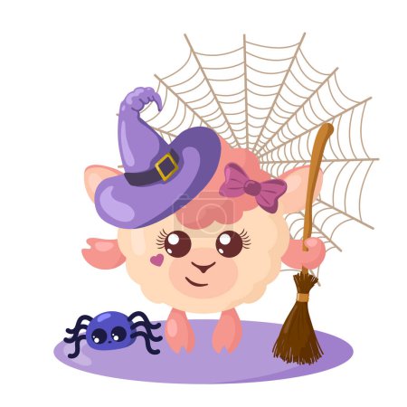 Ilustración de Funny lindo kawaii cordero de Halloween con sombrero de bruja, tela de araña, escoba y araña en diseño plano con sombras. Ilustración aislada de vectores animales - Imagen libre de derechos