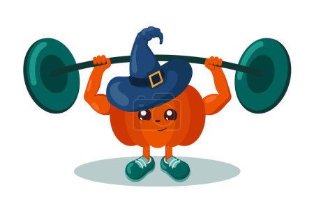 Funny strong kawaii Halloween pumpkin athlete with witch hat, sneakers and barbell. Colorful isolated sport vector emoticon illustration.