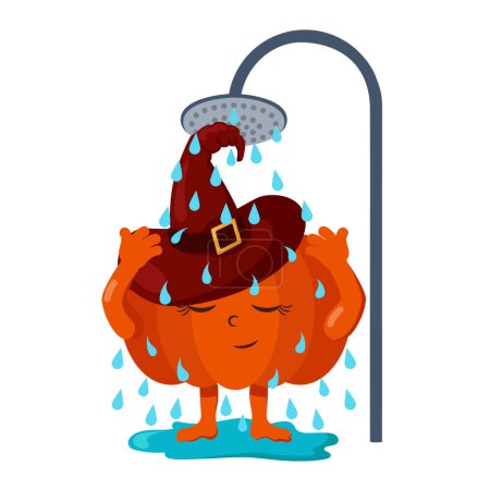 Ilustración de Funny lindo kawaii calabaza de Halloween con sombrero de bruja se lava en la ducha. Ilustración de emoticonos vectoriales coloridos aislados. - Imagen libre de derechos