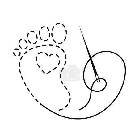 Silhouette du pied et du c?ur de bébé avec contour interrompu. Illustration vectorielle de travaux faits à la main avec fil à broder et aiguille à coudre sur fond blanc.