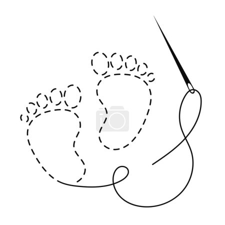 Silhouette of baby feet with interrupted contour. Copy space vector illustration of handmade work with embroidery thread and sewing needle on white background.