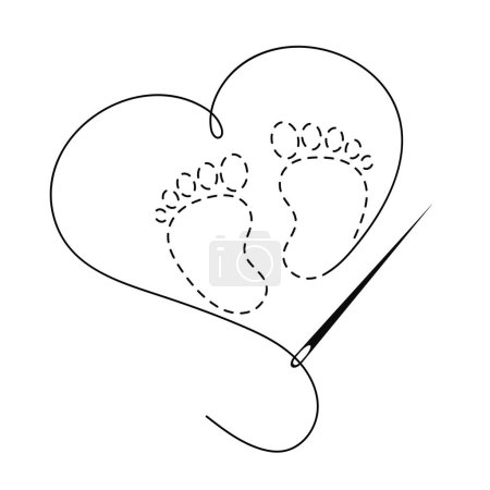 Illustration for Silhouette of heart and baby feet with interrupted contour. Copy space vector illustration of handmade work with embroidery thread and sewing needle on white background. - Royalty Free Image